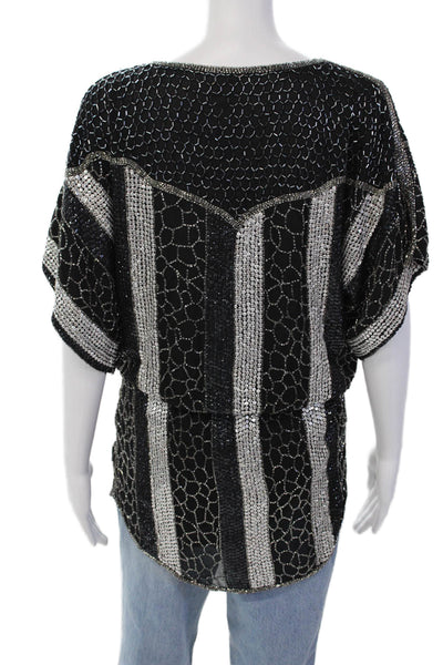 Parker Womens Beaded Sequins Printed Crew Neck Tunic Top Black Silver Size XS