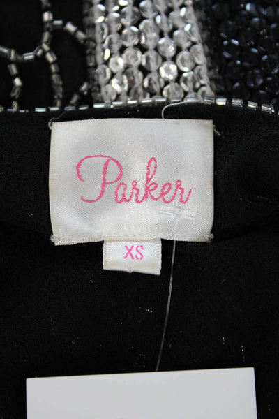 Parker Womens Beaded Sequins Printed Crew Neck Tunic Top Black Silver Size XS