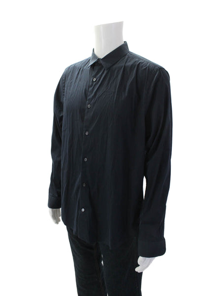 Vince Mens Cotton Blend Collared Short Sleeve Button Up Pocket Shirt Navy Size L