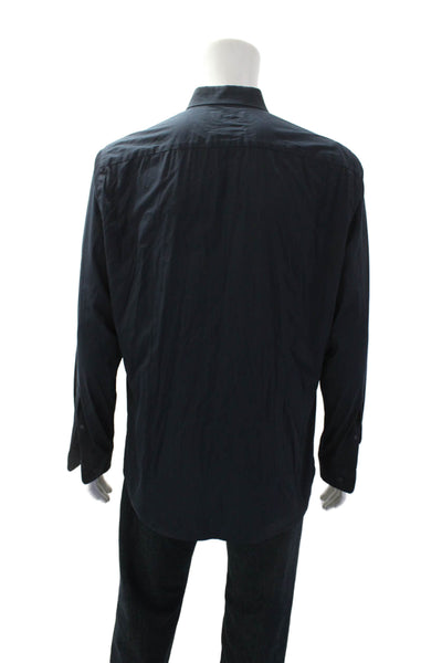 Vince Mens Cotton Blend Collared Short Sleeve Button Up Pocket Shirt Navy Size L