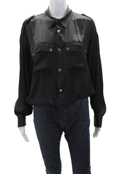 Ramy Brook Collared Buttoned Detail Drawstring Waist Cropped Blouse Black Size S