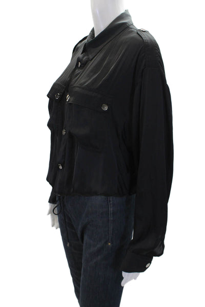 Ramy Brook Collared Buttoned Detail Drawstring Waist Cropped Blouse Black Size S