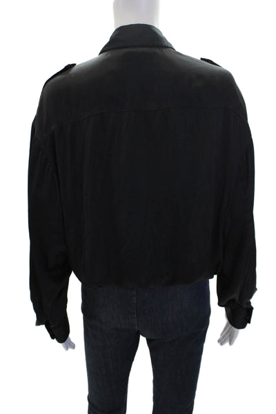 Ramy Brook Collared Buttoned Detail Drawstring Waist Cropped Blouse Black Size S
