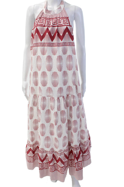Norah & Olivia Womens Cotton Printed Halter Neck A-line Dress White Red Size S