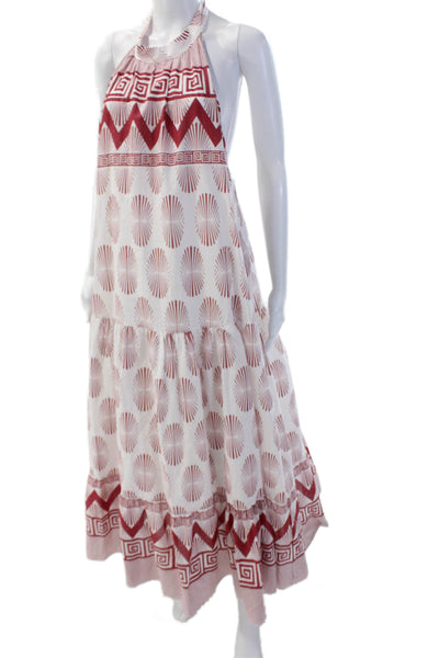 Norah & Olivia Womens Cotton Printed Halter Neck A-line Dress White Red Size S