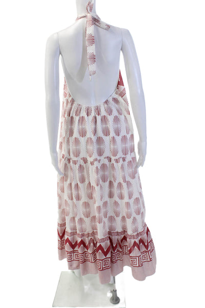 Norah & Olivia Womens Cotton Printed Halter Neck A-line Dress White Red Size S