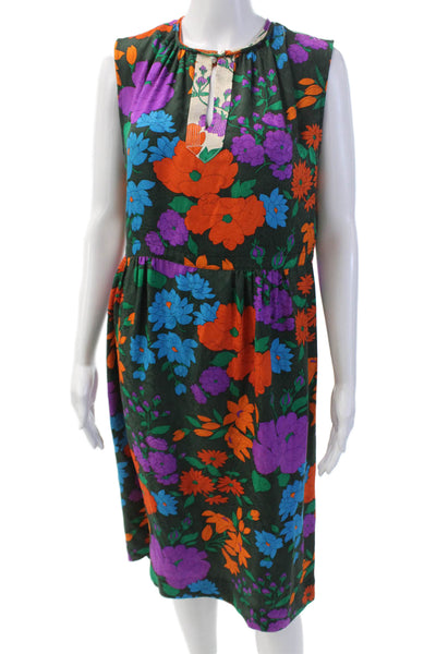 Warm Womens Silk Floral Print Crew Neck Sleeveless Shift Dress Green Combo Sz M