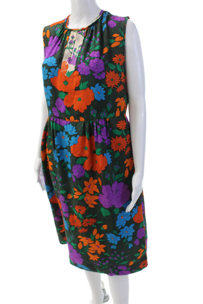 Warm Womens Silk Floral Print Crew Neck Sleeveless Shift Dress Green Combo Sz M
