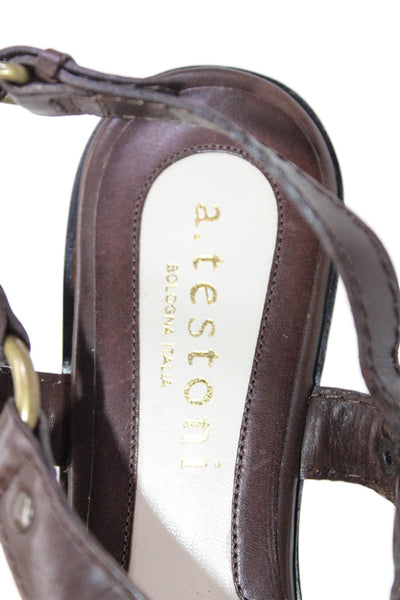A. Testoni Womens Ankle T Strap Sandals Brown Leather Size 38.5