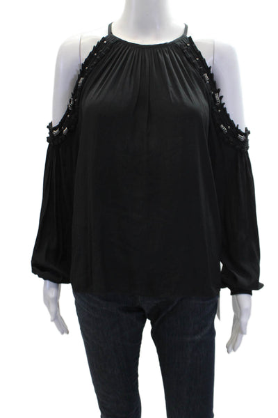 Ramy Brook Womens Silver Tone Cold Shoulder Long Sleeves Blouse Black Size Small