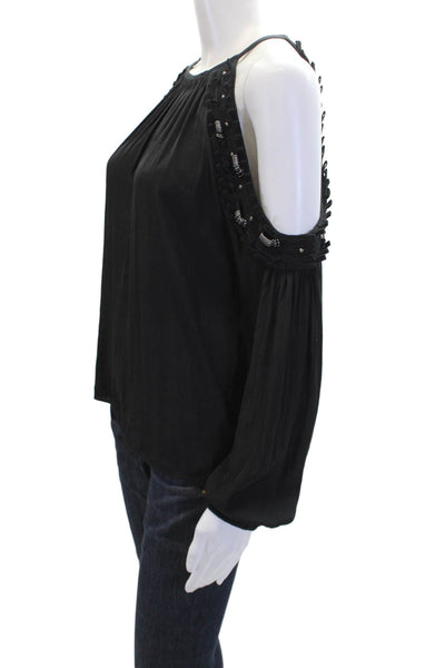Ramy Brook Womens Silver Tone Cold Shoulder Long Sleeves Blouse Black Size Small