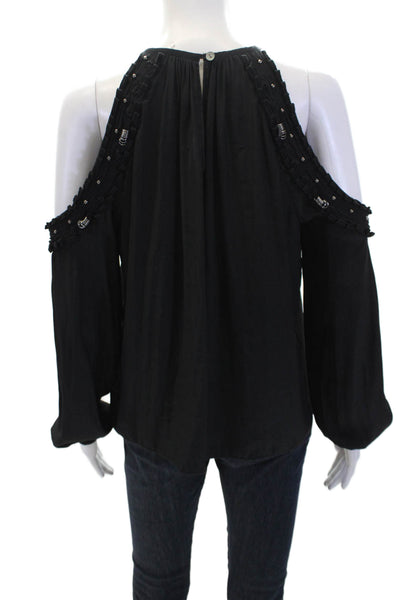 Ramy Brook Womens Silver Tone Cold Shoulder Long Sleeves Blouse Black Size Small