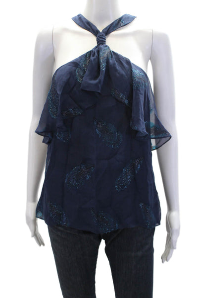 Ramy Brook Womens Feather Print Sleeveless Tank Top Navy Blue Size Small