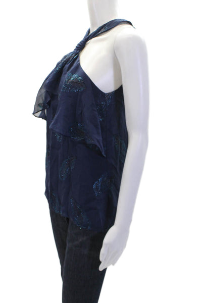 Ramy Brook Womens Feather Print Sleeveless Tank Top Navy Blue Size Small