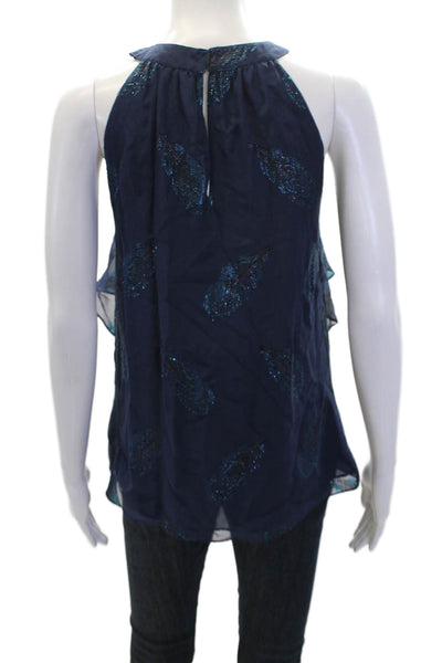 Ramy Brook Womens Feather Print Sleeveless Tank Top Navy Blue Size Small
