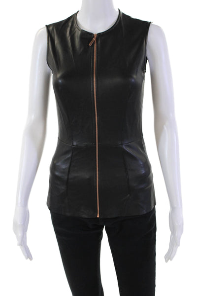 Cedric Charlier Women's Sleeveless Full Zip Faux Leather Blouse Black Size S