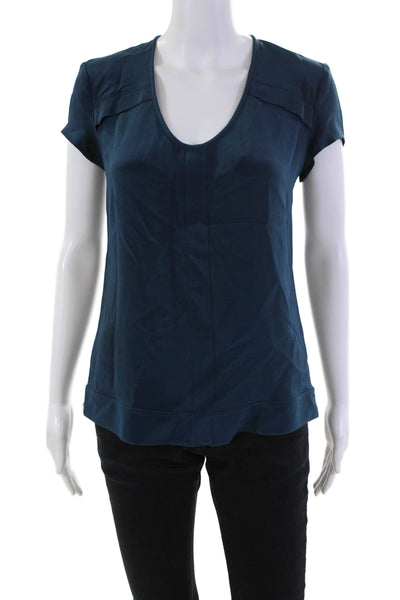 Derek Lam Women's Scoop Neck Short Sleeves Slit Hem Blouse Teal Size 36