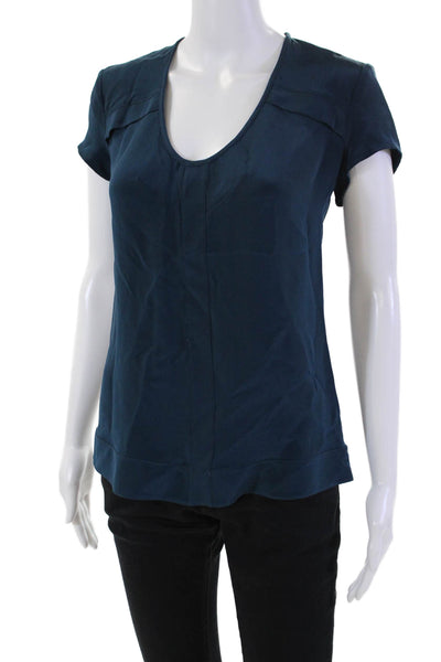 Derek Lam Women's Scoop Neck Short Sleeves Slit Hem Blouse Teal Size 36