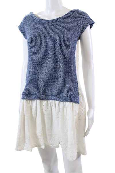 Thakoon Addition Womens Eyelet A Line Sweater Dress Blue White Cotton Size 2