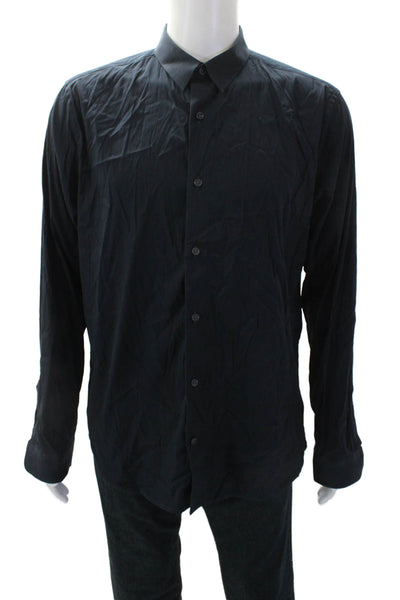Vince Mens Cotton Blend Collared Long Sleeve Button Up Shirt Navy Size L