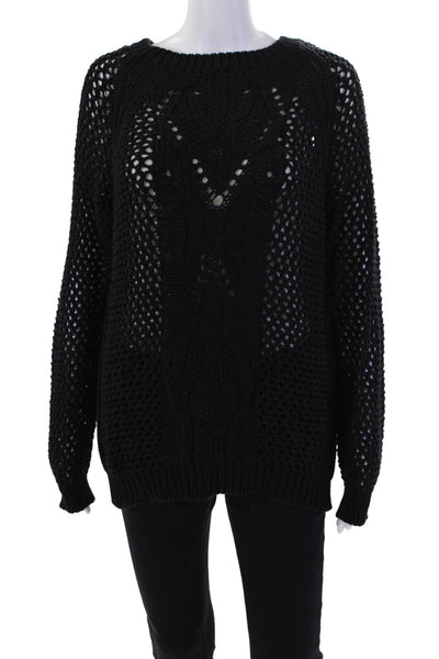 Athe Womens Long Sleeve Scoop Neck Open Knit Sweater Black Cotton Size 1