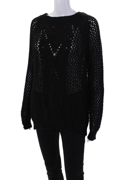 Athe Womens Long Sleeve Scoop Neck Open Knit Sweater Black Cotton Size 1