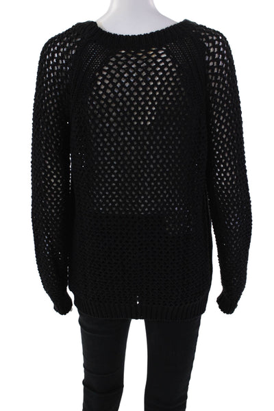 Athe Womens Long Sleeve Scoop Neck Open Knit Sweater Black Cotton Size 1