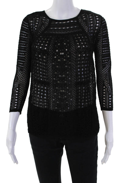 BCBGMAXAZRIA Womens 3/4 Sleeve Scoop Neck Open Knit Top Black Size Extra Small