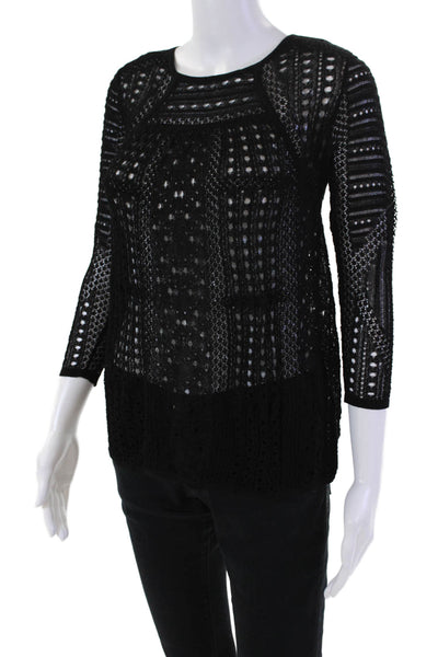 BCBGMAXAZRIA Womens 3/4 Sleeve Scoop Neck Open Knit Top Black Size Extra Small
