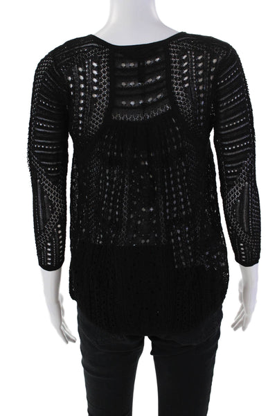 BCBGMAXAZRIA Womens 3/4 Sleeve Scoop Neck Open Knit Top Black Size Extra Small