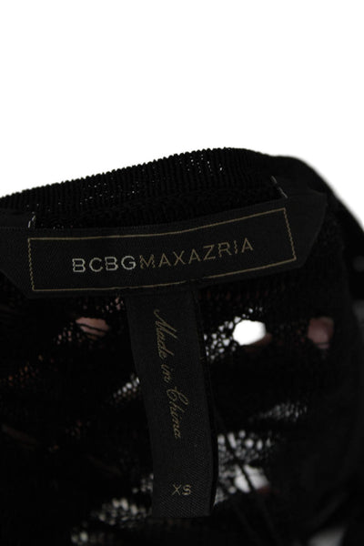 BCBGMAXAZRIA Womens 3/4 Sleeve Scoop Neck Open Knit Top Black Size Extra Small