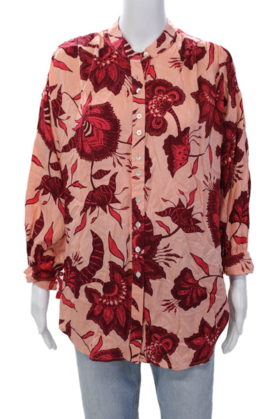 Omika Womens Floral Print Long Sleeves Button Down Shirt Pink Red Size Small