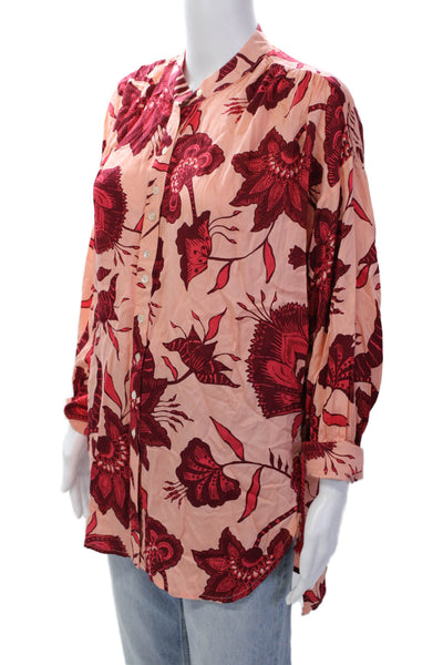 Omika Womens Floral Print Long Sleeves Button Down Shirt Pink Red Size Small
