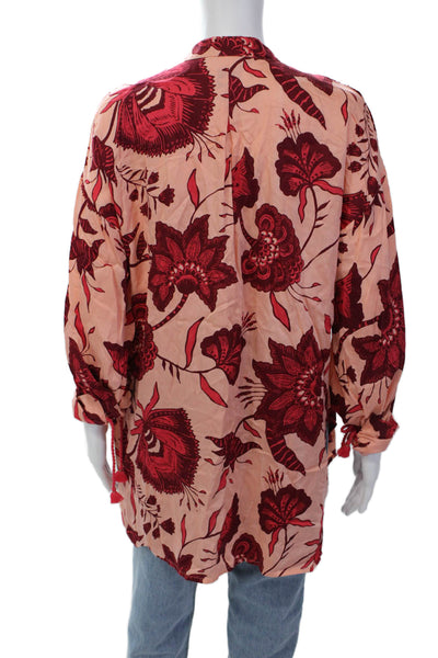 Omika Womens Floral Print Long Sleeves Button Down Shirt Pink Red Size Small