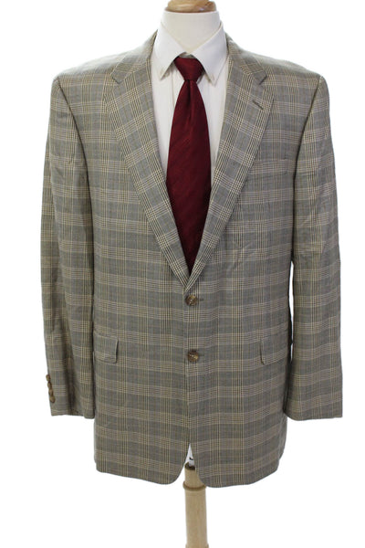 Hickey Freeman Mens Silk Long Sleeve Collared Button Plaid Blazer Nude Size EUR