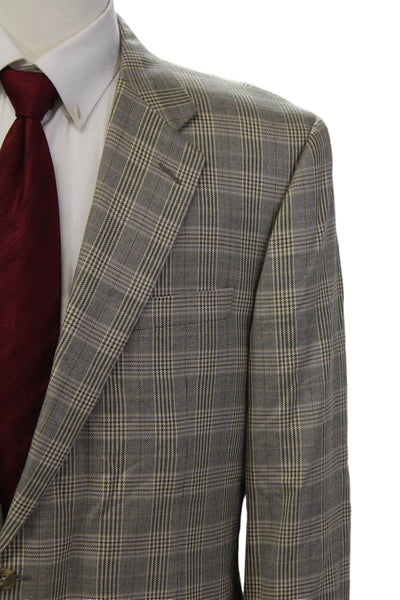 Hickey Freeman Mens Silk Long Sleeve Collared Button Plaid Blazer Nude Size EUR