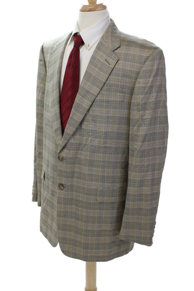 Hickey Freeman Mens Silk Long Sleeve Collared Button Plaid Blazer Nude Size EUR