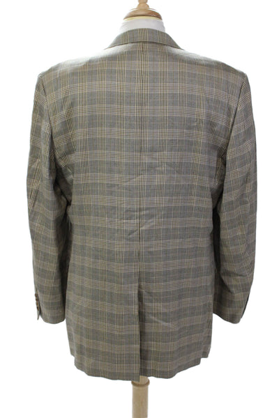 Hickey Freeman Mens Silk Long Sleeve Collared Button Plaid Blazer Nude Size EUR