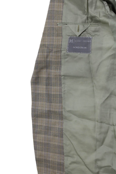 Hickey Freeman Mens Silk Long Sleeve Collared Button Plaid Blazer Nude Size EUR