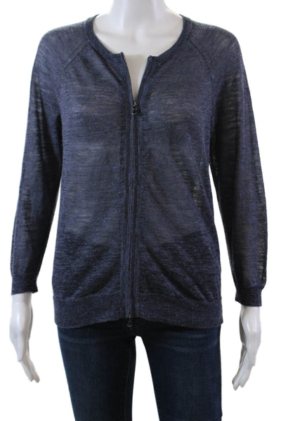 J Crew Womens Linen Long Sleeve Zip Up Rib Knit Sheer Top Blue Size XS