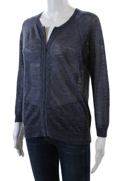 J Crew Womens Linen Long Sleeve Zip Up Rib Knit Sheer Top Blue Size XS
