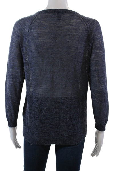 J Crew Womens Linen Long Sleeve Zip Up Rib Knit Sheer Top Blue Size XS