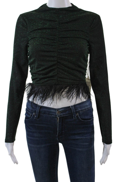 Saylor Womens Metallic Feathered Long Sleeve Cropped Blouse Green Size XS