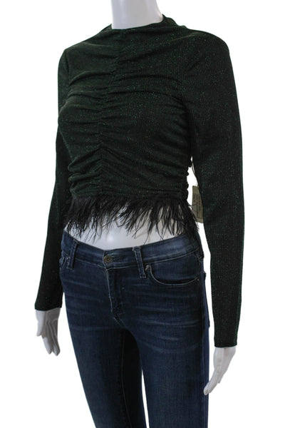 Saylor Womens Metallic Feathered Long Sleeve Cropped Blouse Green Size XS