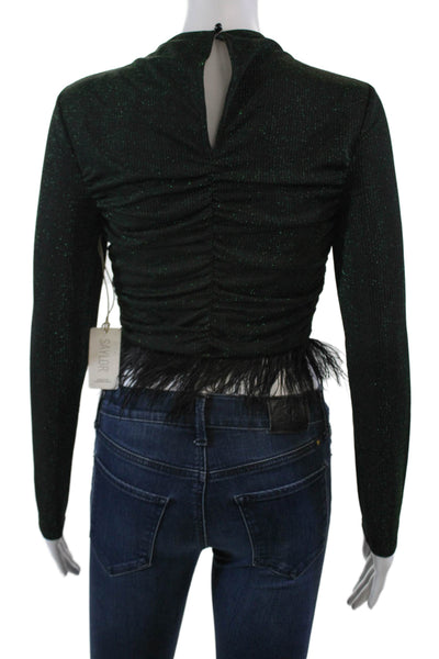 Saylor Womens Metallic Feathered Long Sleeve Cropped Blouse Green Size XS
