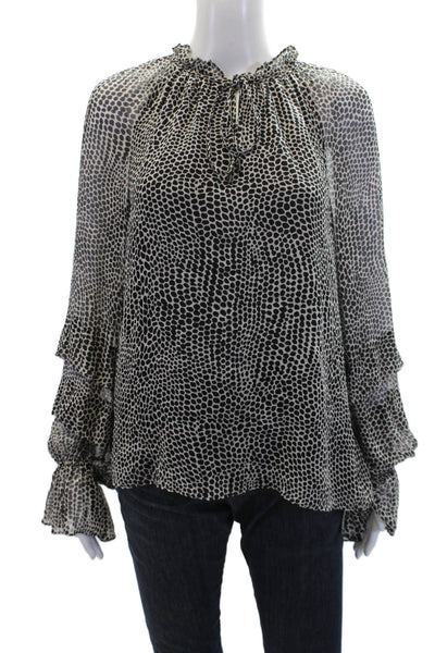 Ramy Brook Womens Silk Animal Print Key Hole Neck Blouse White Black Size Small