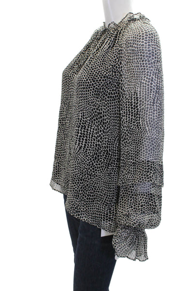 Ramy Brook Womens Silk Animal Print Key Hole Neck Blouse White Black Size Small