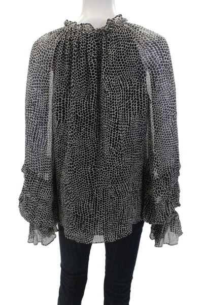 Ramy Brook Womens Silk Animal Print Key Hole Neck Blouse White Black Size Small