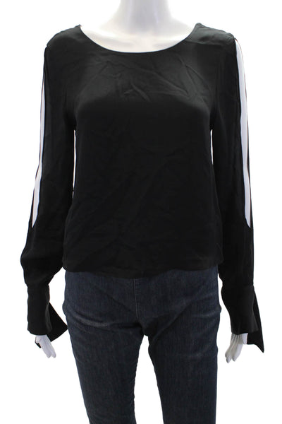 Ramy Brook Womens Silk Open Long Sleeves Crew Neck Blouse Black Size Small