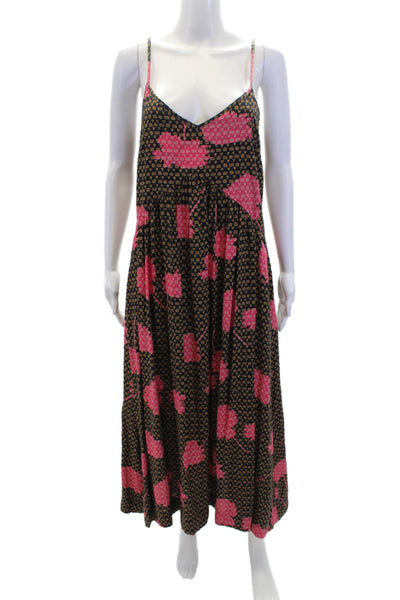 The Odells Womens Spaghetti Strap V Neck Geometric Midi Dress Black Brown XS